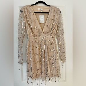 Women's Deep V Neck Sequin Dress Beige